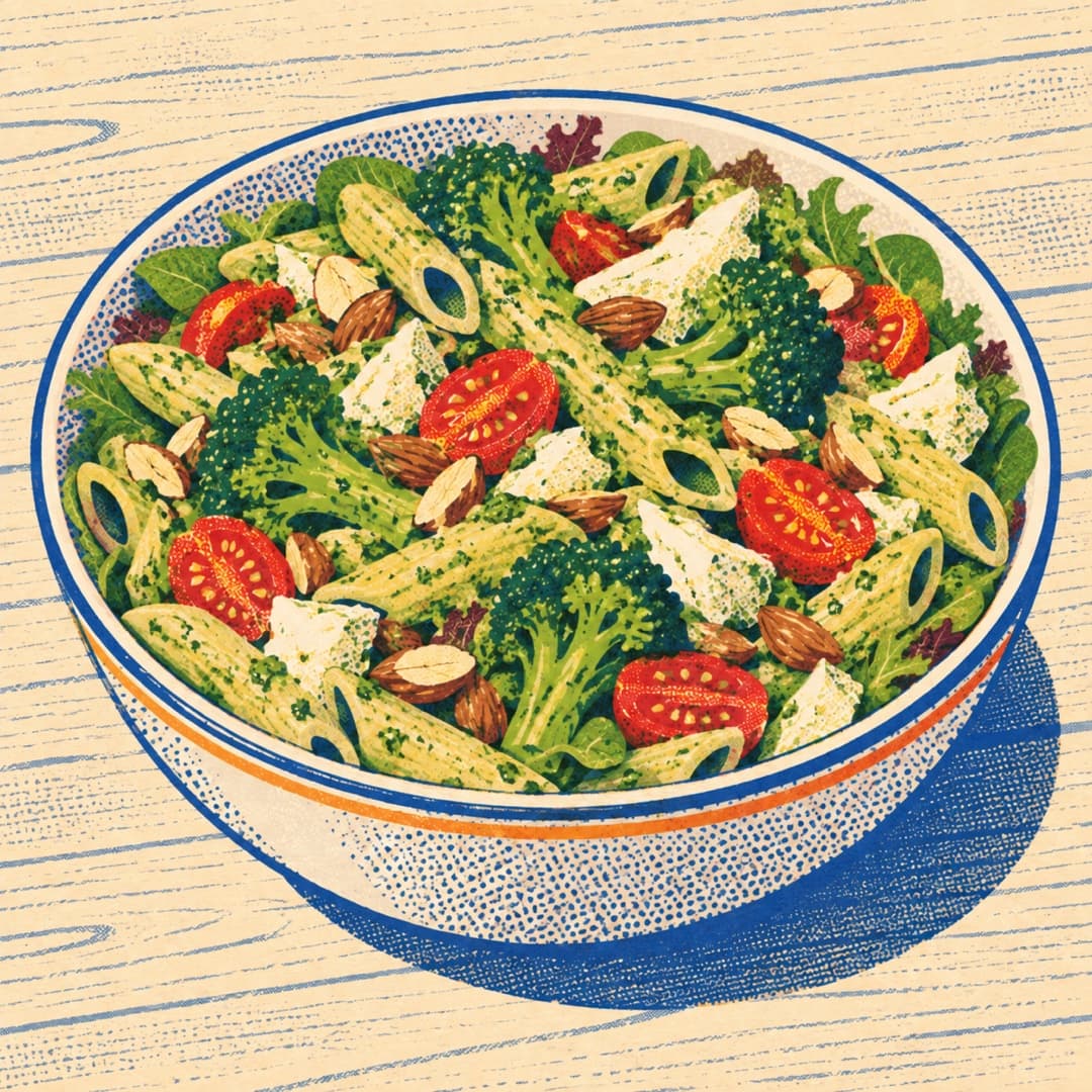 Penne Pasta Salad with Broccoli and Basil Pesto