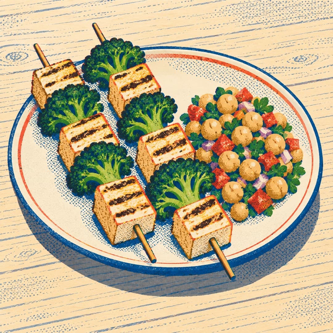 Tofu and Broccoli Skewers with Chickpea Salad