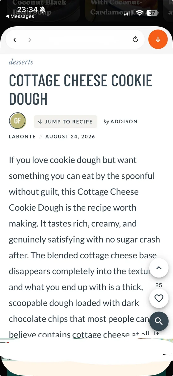 A recipe article open in Safari, ready to save into Heated