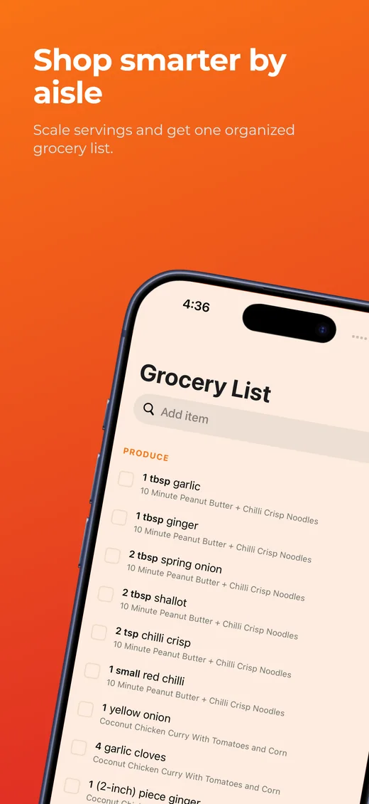 A Heated grocery list built from the week's plan and sorted by aisle