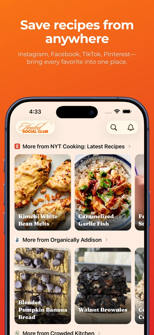 The Heated home feed showing saved recipes