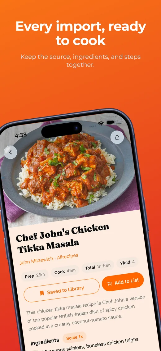A saved recipe open in Heated with its ingredients and steps