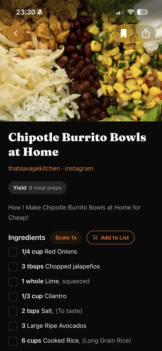 A saved recipe in Heated, showing its source creator, ingredients, and steps